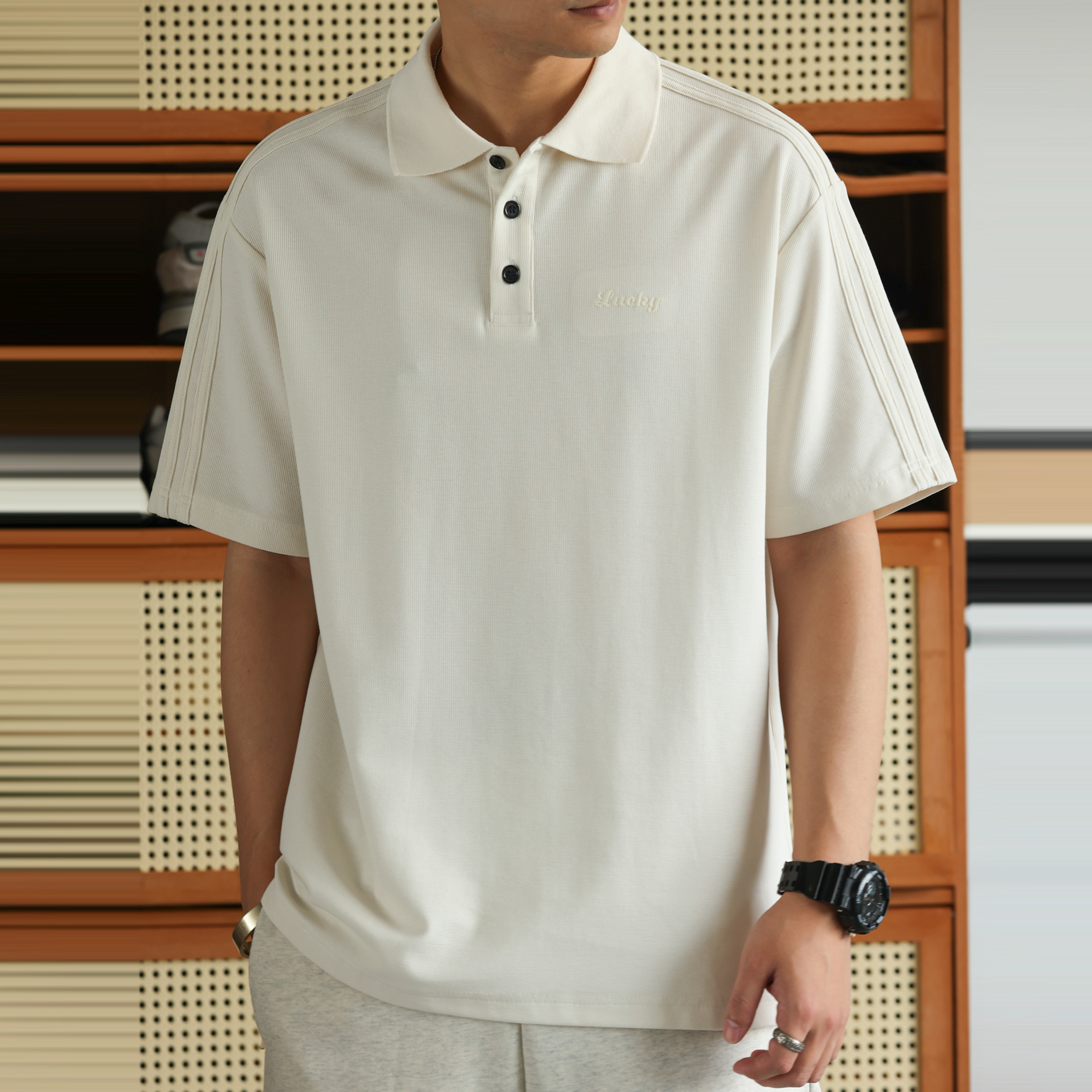 美式休閒230g短袖POLO衫男透氣蜂窩肌理感刺繡翻領T恤夏