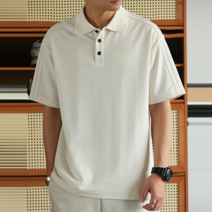 美式休閒230g短袖POLO衫男透氣蜂窩肌理感刺繡翻領T恤夏