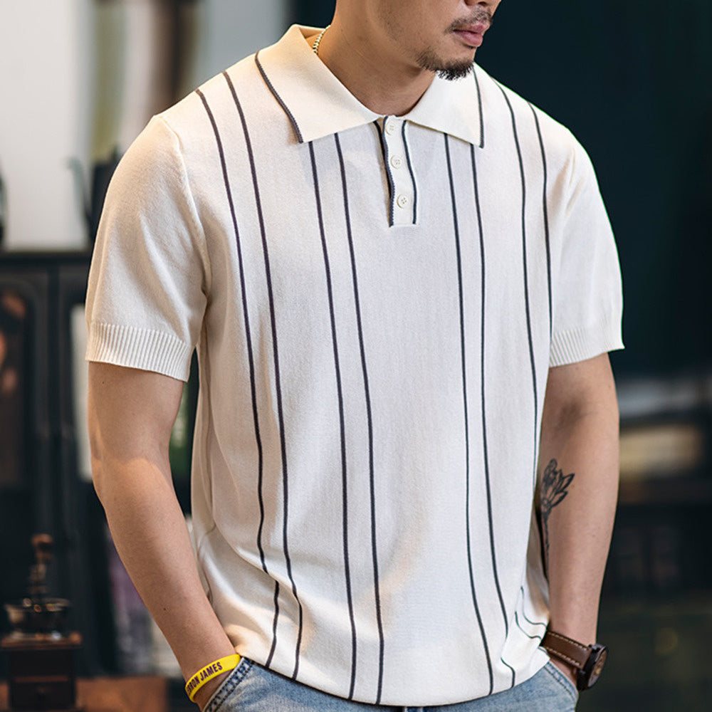 2025新款夏季冰絲針織polo衫男翻領短袖t恤男款休閒條紋上衣