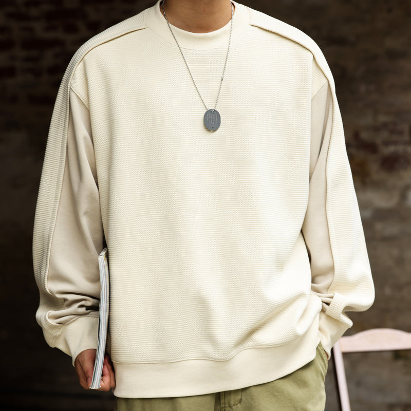 秋季美式休閒提花方格設計感圓領衛衣男拼接袖子疊穿套頭上衣-Retro's Wear