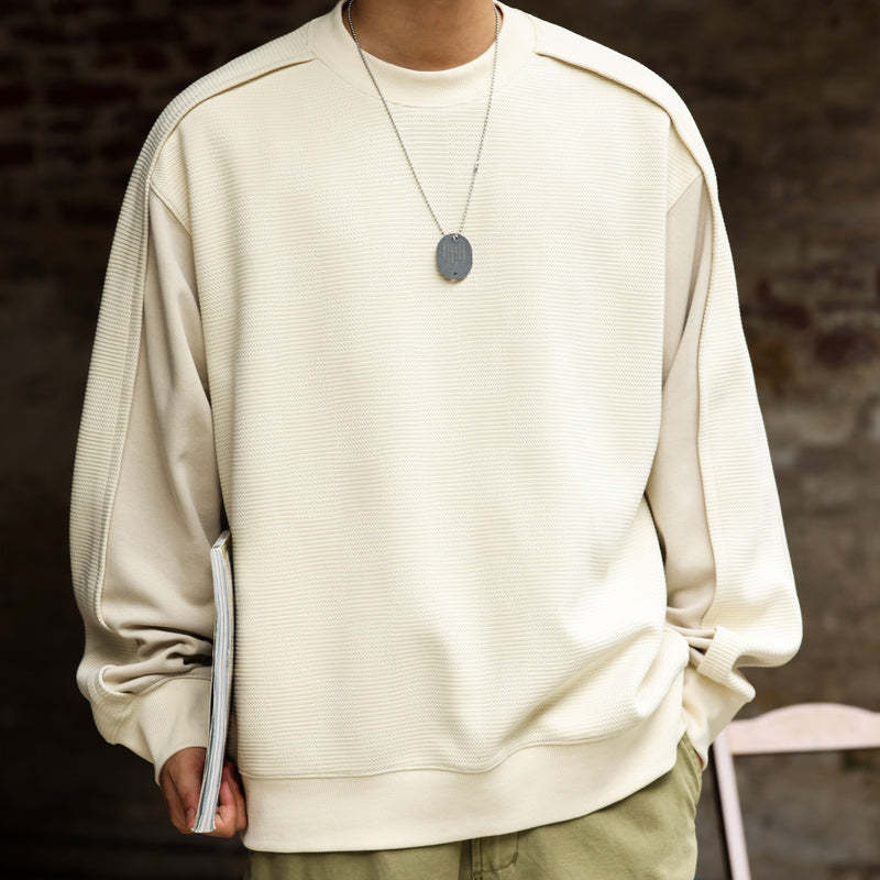 秋季美式休閒提花方格設計感圓領衛衣男拼接袖子疊穿套頭上衣-Retro's Wear