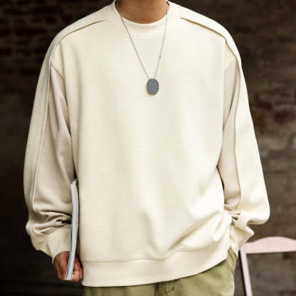 秋季美式休閒提花方格設計感圓領衛衣男拼接袖子疊穿套頭上衣-Retro's Wear