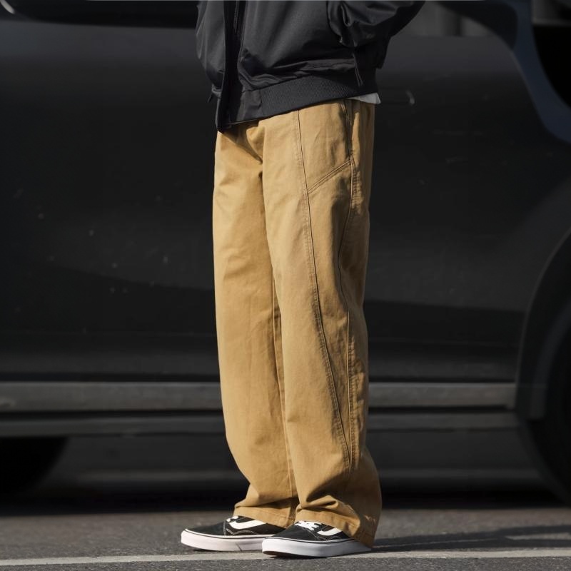 日系重磅純棉水洗直筒休閒褲男330g拼接設計感寬鬆長褲