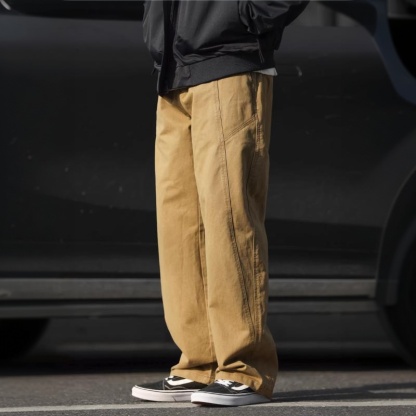 日系重磅純棉水洗直筒休閒褲男330g拼接設計感寬鬆長褲