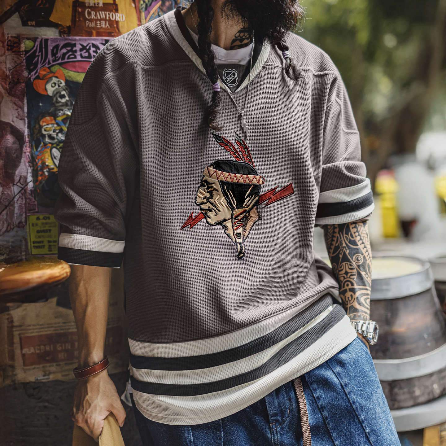 美式復古印第安v領華夫格長袖刺繡針織重磅衛衣外套男秋