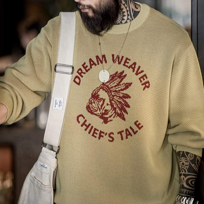 美式復古仿亞麻字母撞色毛衣阿美哢嘰套頭圓領針織衫男秋-Retro's Wear