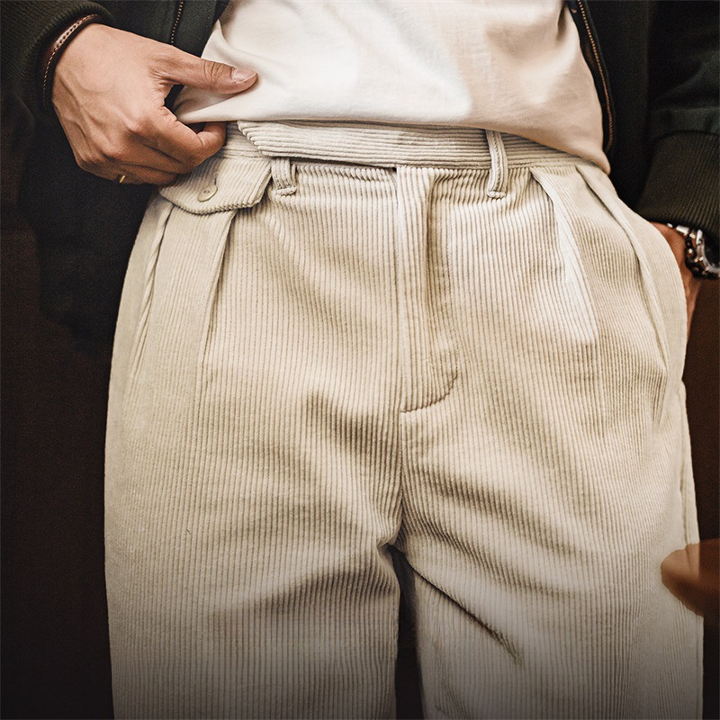 美式復古重磅燈芯絨休閒褲雙褶條絨垂感純棉直筒長褲男秋-Retro's Wear