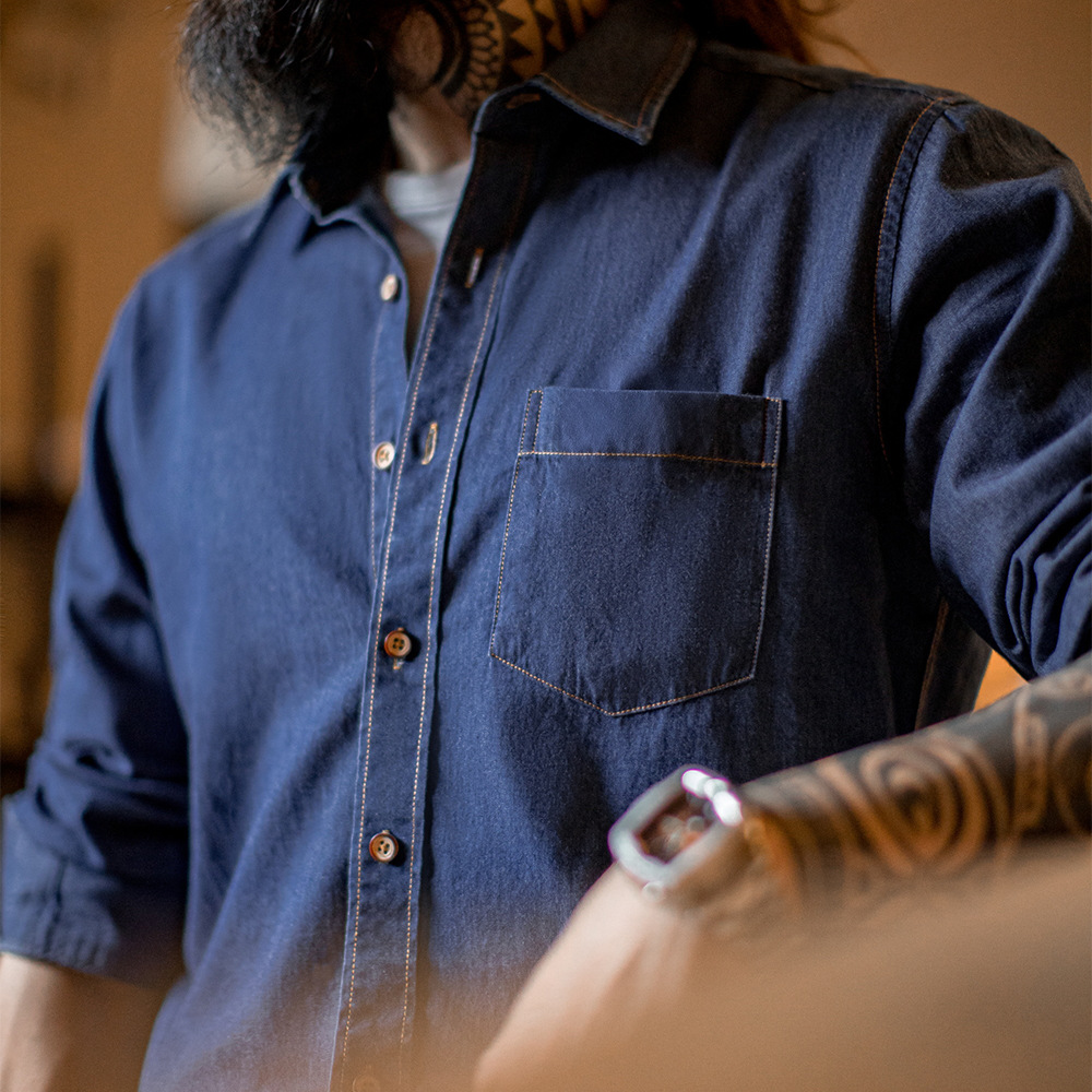 美式復古單口袋工裝牛仔襯衫丹寧休閒長袖修身襯衣男春季