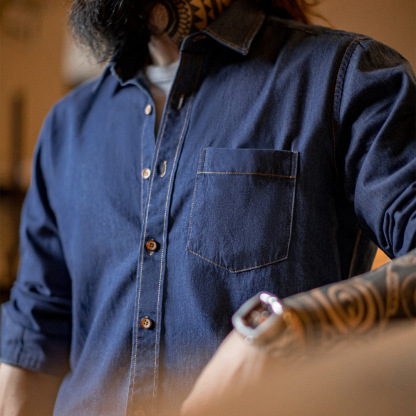 美式復古單口袋工裝牛仔襯衫丹寧休閒長袖修身襯衣男春季