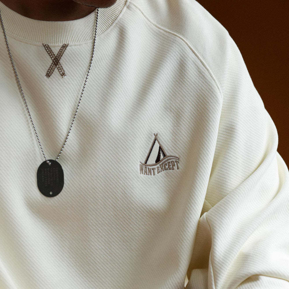 美式休閒320g粗針斜紋圓領衛衣男插肩袖設計啞光刺繡上衣秋-Retro's Wear