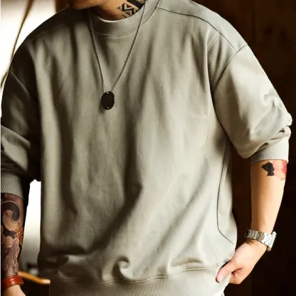 日系復古阿爾曼重磅衛衣男寬鬆圓領390g螺紋拼接淨版上衣秋-Retro's Wear