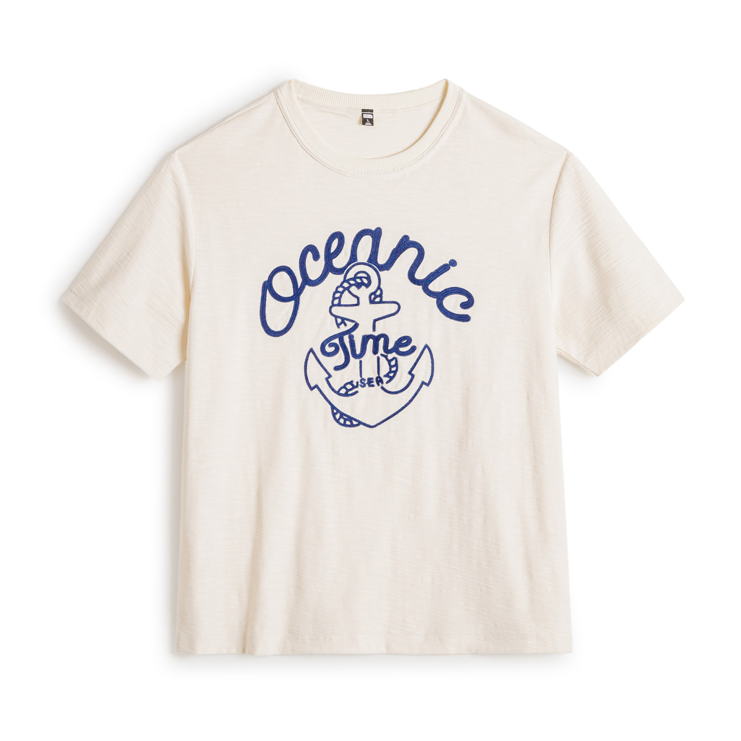 美式復古海軍刺繡T恤白色重磅竹節棉螺紋領口短袖男夏季