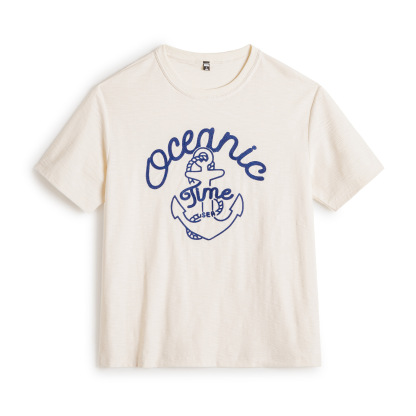 美式復古海軍刺繡T恤白色重磅竹節棉螺紋領口短袖男夏季