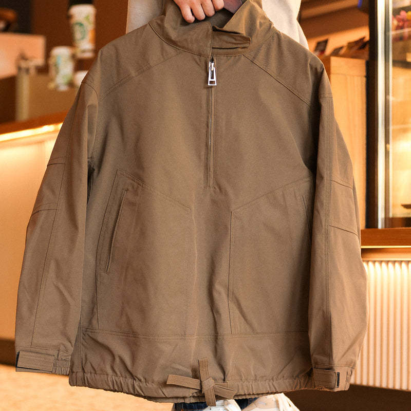 日系復古半拉鍊立領休閒工裝外套男士衝鋒衣美式戶外夾克秋-Retro's Wear