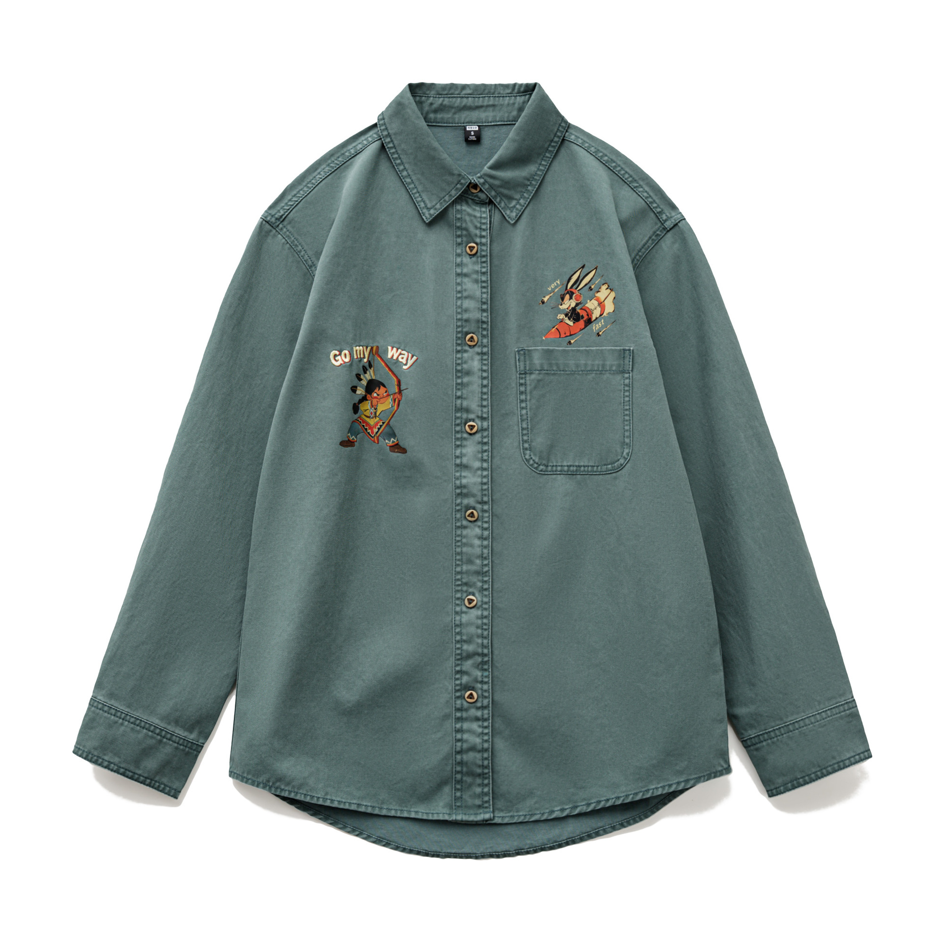 純棉復古水洗日系刺繡印花寬鬆長袖襯衣衫外套硬挺上衣女士秋