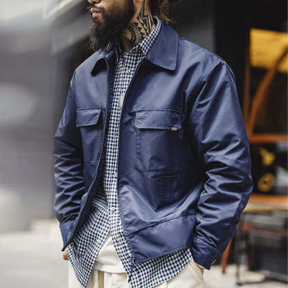 美式復古海軍藍刺繡夾克字母翻領拉鍊尼龍休閒外套男秋冬