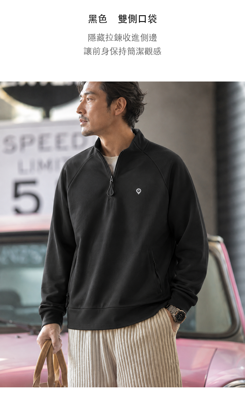 Vintage Stand-Collar Half-Zip Solid Long-Sleeve Men's Sweatshirt, Raglan Fit · 05-S05