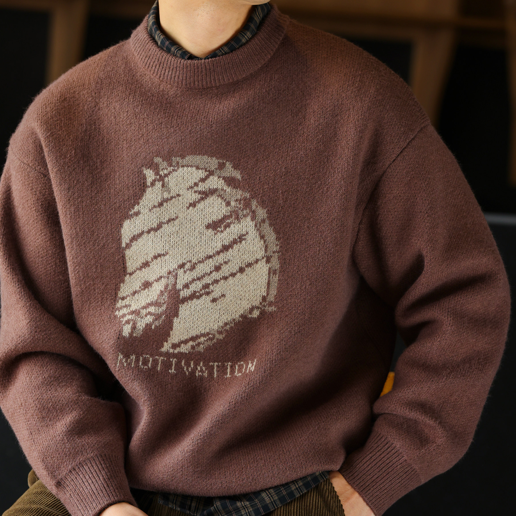 聖誕紅色25馬年美式復古提花毛衣加厚保暖圓領針織衫