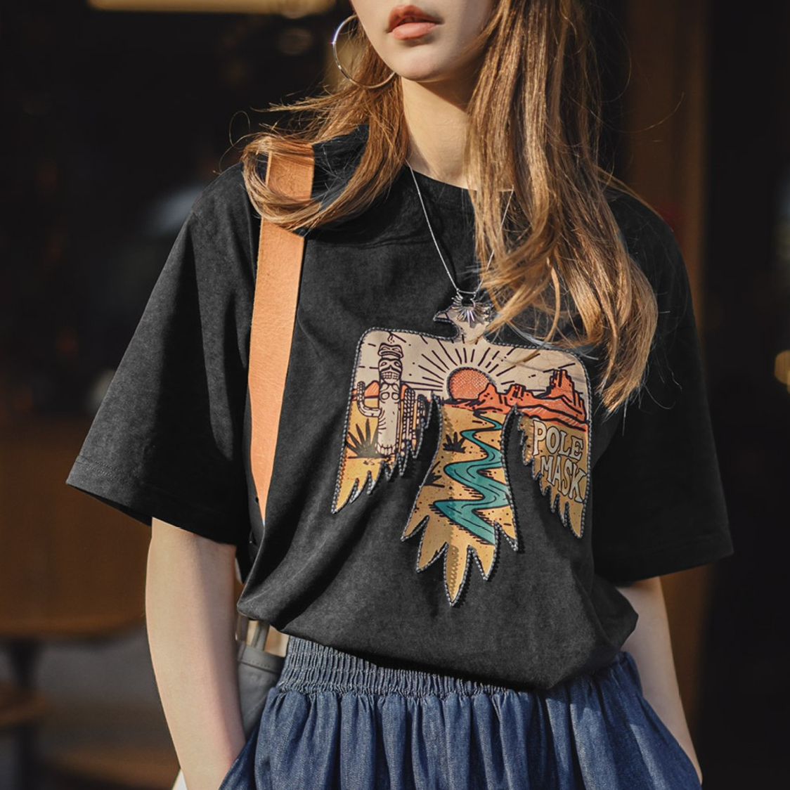 夏日復古納瓦霍民族風印花T恤情侶款黑色寬鬆休閒百搭短袖女