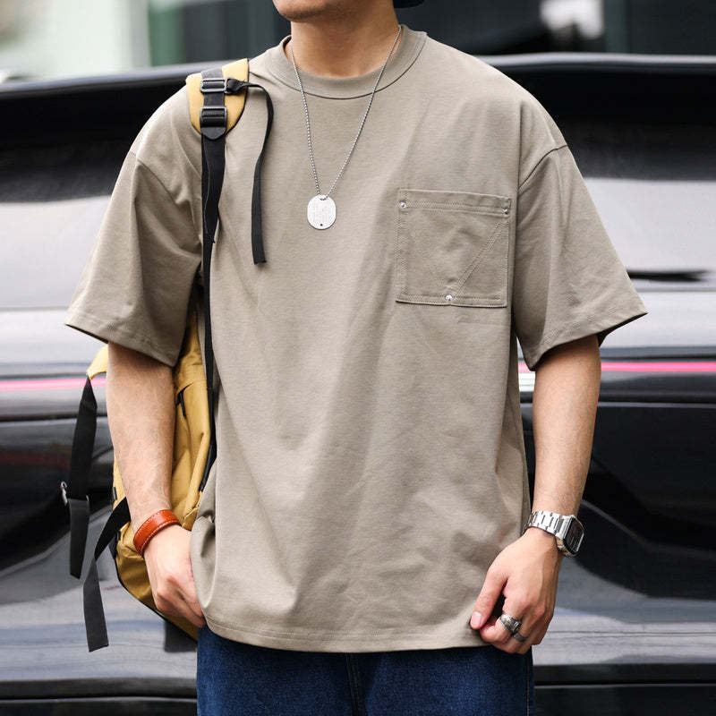 美式撞釘口袋Sorona冰感短袖T恤男寬鬆設計感cityboy圓領TEE-Retro's Wear