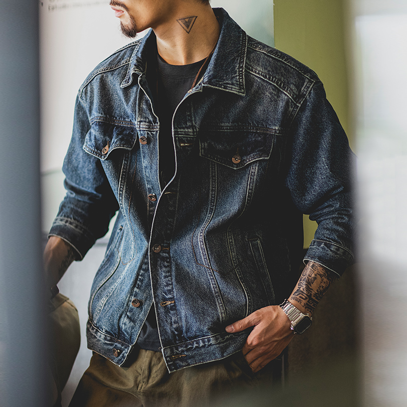 美式復古水洗藍色牛仔外套男2025秋季新款阿美哢嘰寬鬆工裝夾克