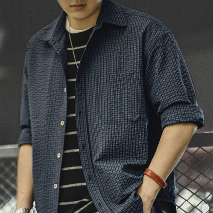 美式復古泡泡紗格子長袖襯衫肌理感翻領拼接襯衣外套男秋-Retro's Wear