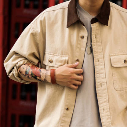 美式復古底特律襯衫外套男280g賽絡紡純棉撞色翻領長袖襯衣-Retro's Wear