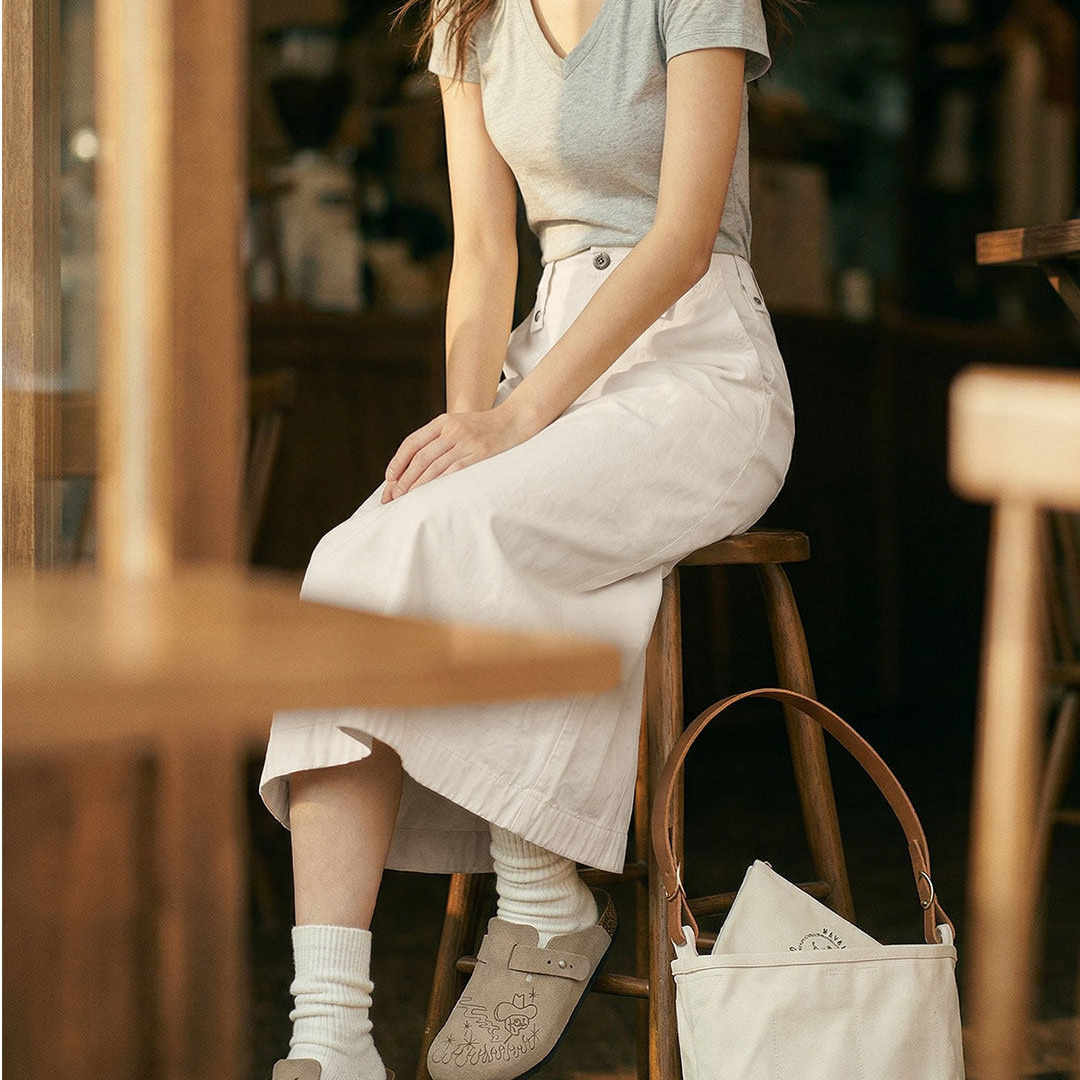 復古米白色高腰垂感顯瘦休閒A字版後開叉直筒工裝半身裙女