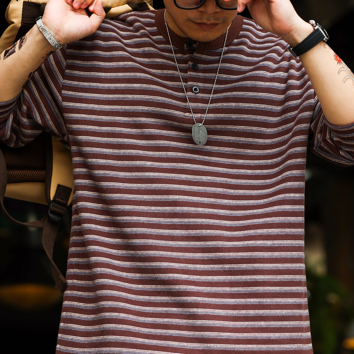 美式休閒360g重磅條紋POLO衫男寬鬆復古亨利領長袖T恤秋