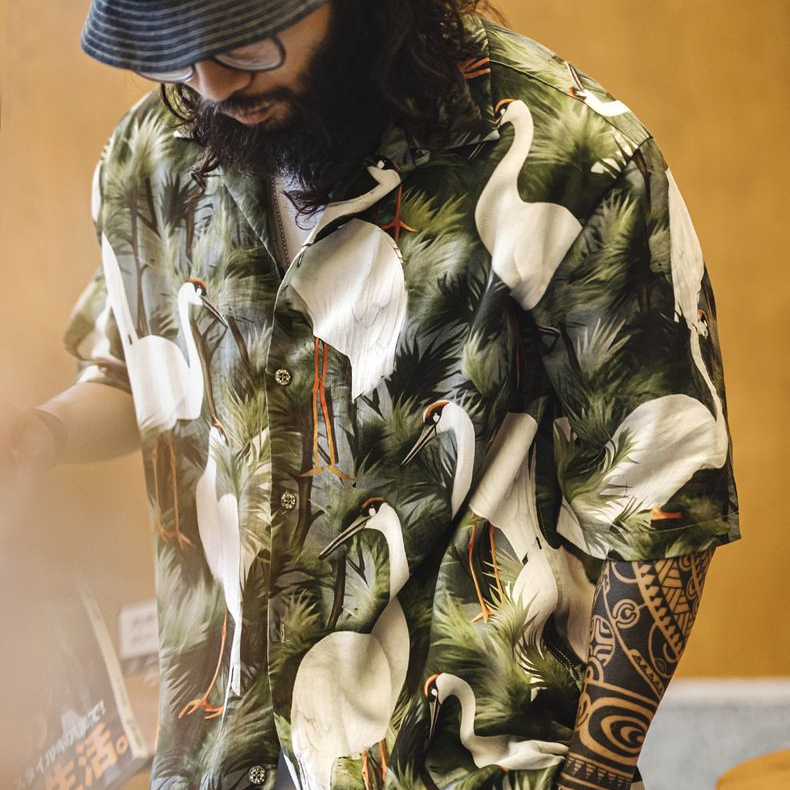 復古港風仙鶴花襯衫古巴領浮世繪天絲夏威夷短袖襯衣男夏