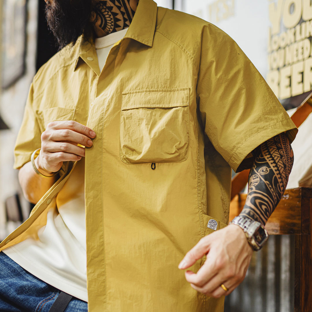 山系戶外短袖襯衫速幹黃色肌理感薄款日系口袋襯衣男款夏