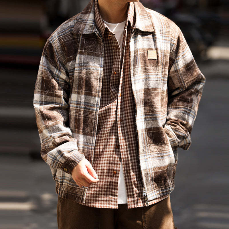 美式水墨暈染格紋夾克男雙向拉鍊寬鬆復古磨毛開衫翻領外套-Retro's Wear