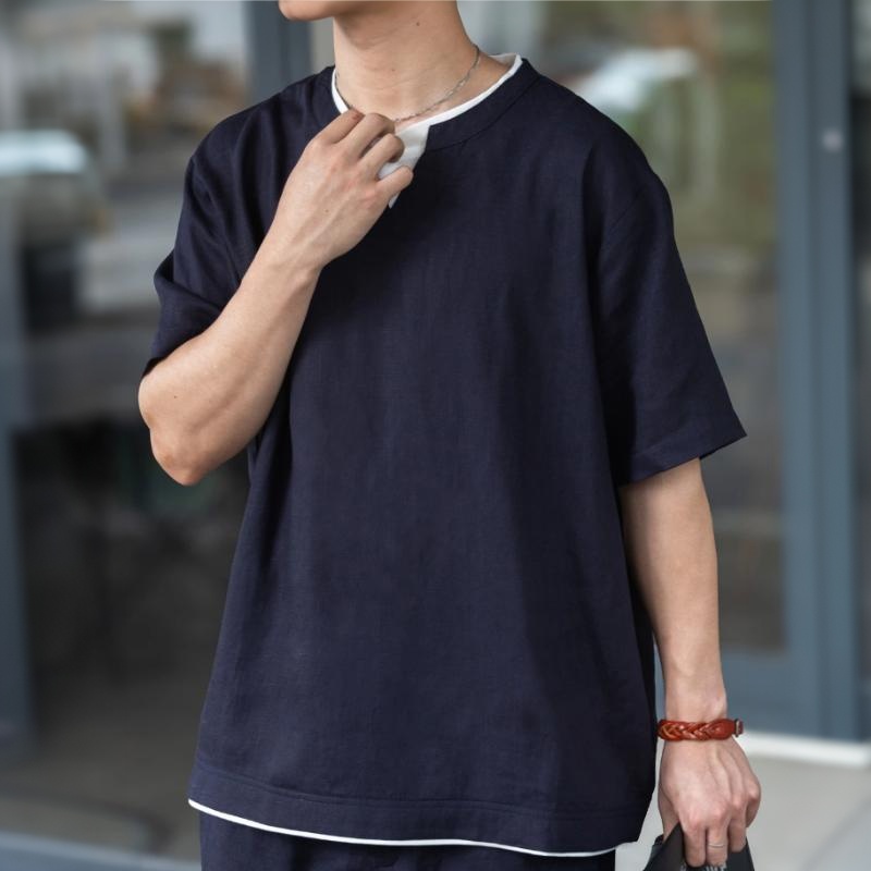 男士天絲亞麻老錢風撞色V領假兩件短袖T恤