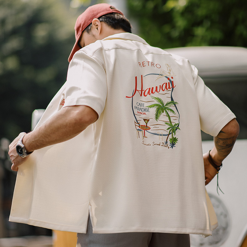 美式復古夏威夷刺繡短袖襯衫竹節紋垂感古巴領襯衣男夏季