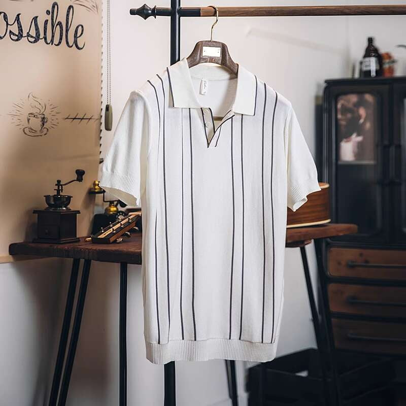 2025新款夏季冰絲針織polo衫男翻領短袖t恤男款休閒條紋上衣