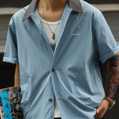 美式巴恩風涼感速幹短袖襯衣男薄款復古疊穿襯衫外套夏
