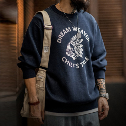 美式復古仿亞麻字母撞色毛衣阿美哢嘰套頭圓領針織衫男秋-Retro's Wear