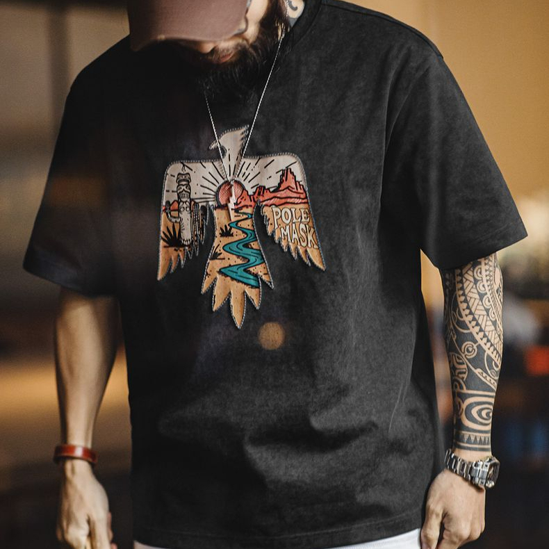 美式復古印第安雷鳥T恤棉重磅民族風刺繡印花短袖男夏季