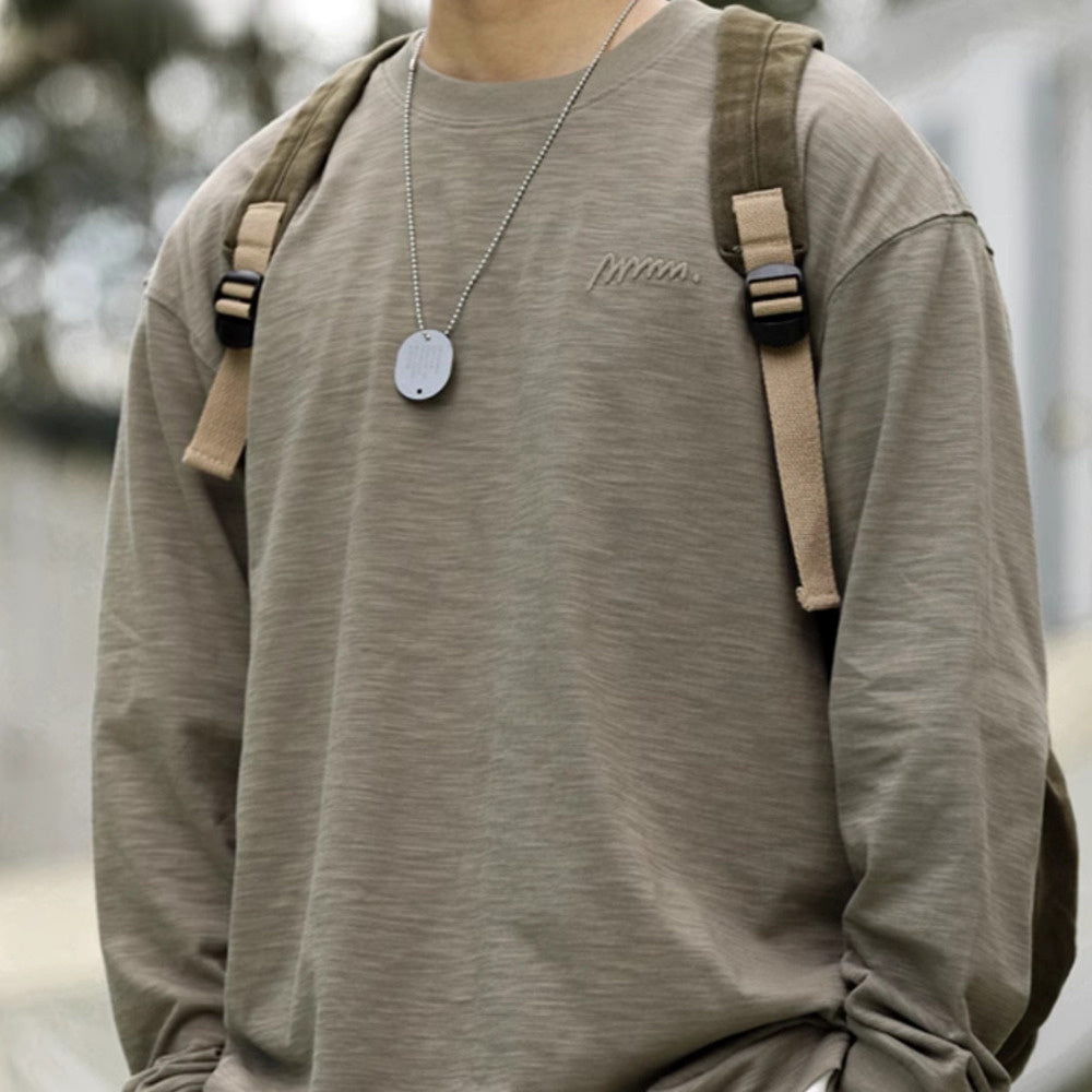 日系復古高密刺繡天竺棉長袖T恤男寬鬆cleanfit休閒打底衫秋-Retro's Wear