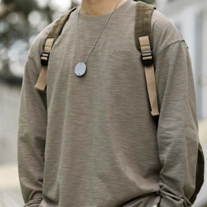 日系復古高密刺繡天竺棉長袖T恤男寬鬆cleanfit休閒打底衫秋-Retro's Wear