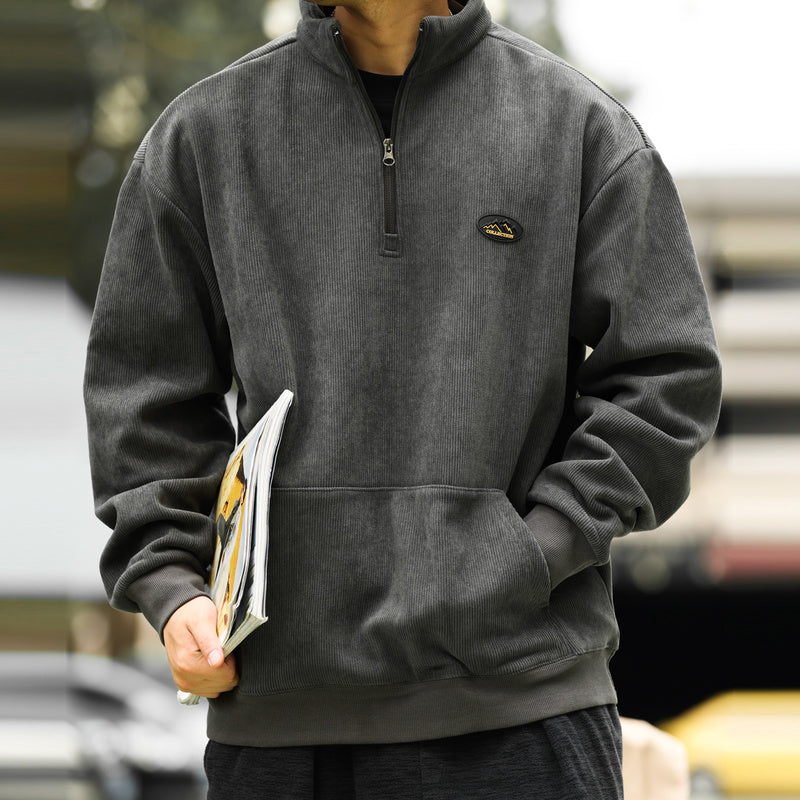 美式復古半拉鍊立領燈芯絨衛衣男加絨保暖cleanfit上衣外套-Retro's Wear