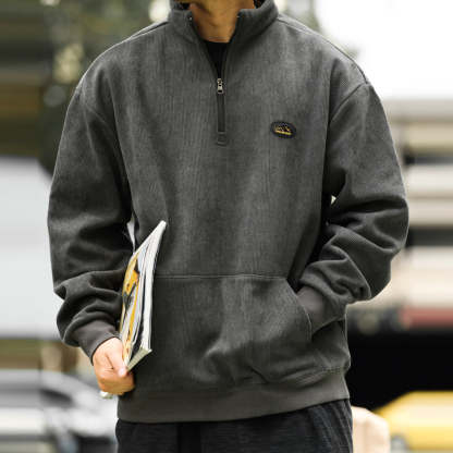 美式復古半拉鍊立領燈芯絨衛衣男加絨保暖cleanfit上衣外套-Retro's Wear