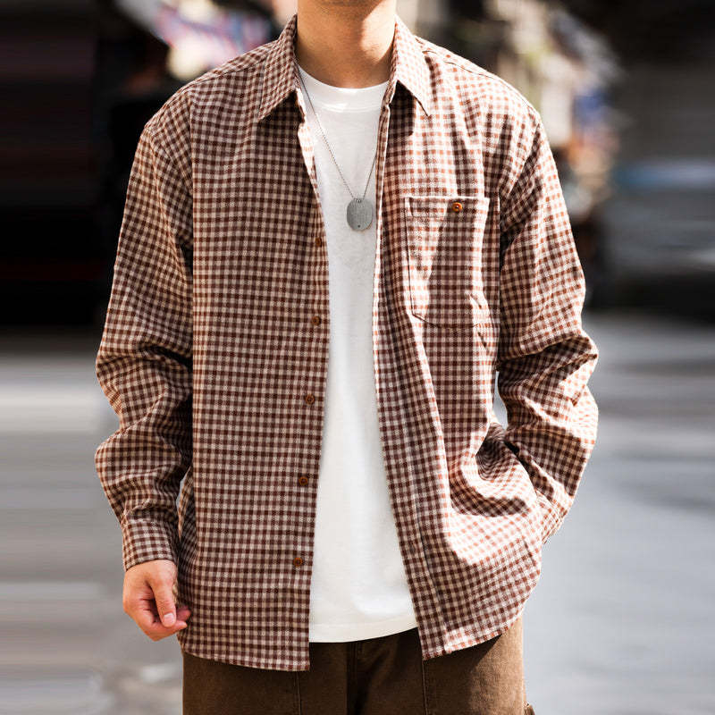 法式復古磨毛小格子長袖襯衫男寬鬆休閒口袋高級感襯衣外套-Retro's Wear