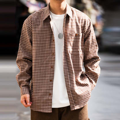 法式復古磨毛小格子長袖襯衫男寬鬆休閒口袋高級感襯衣外套-Retro's Wear