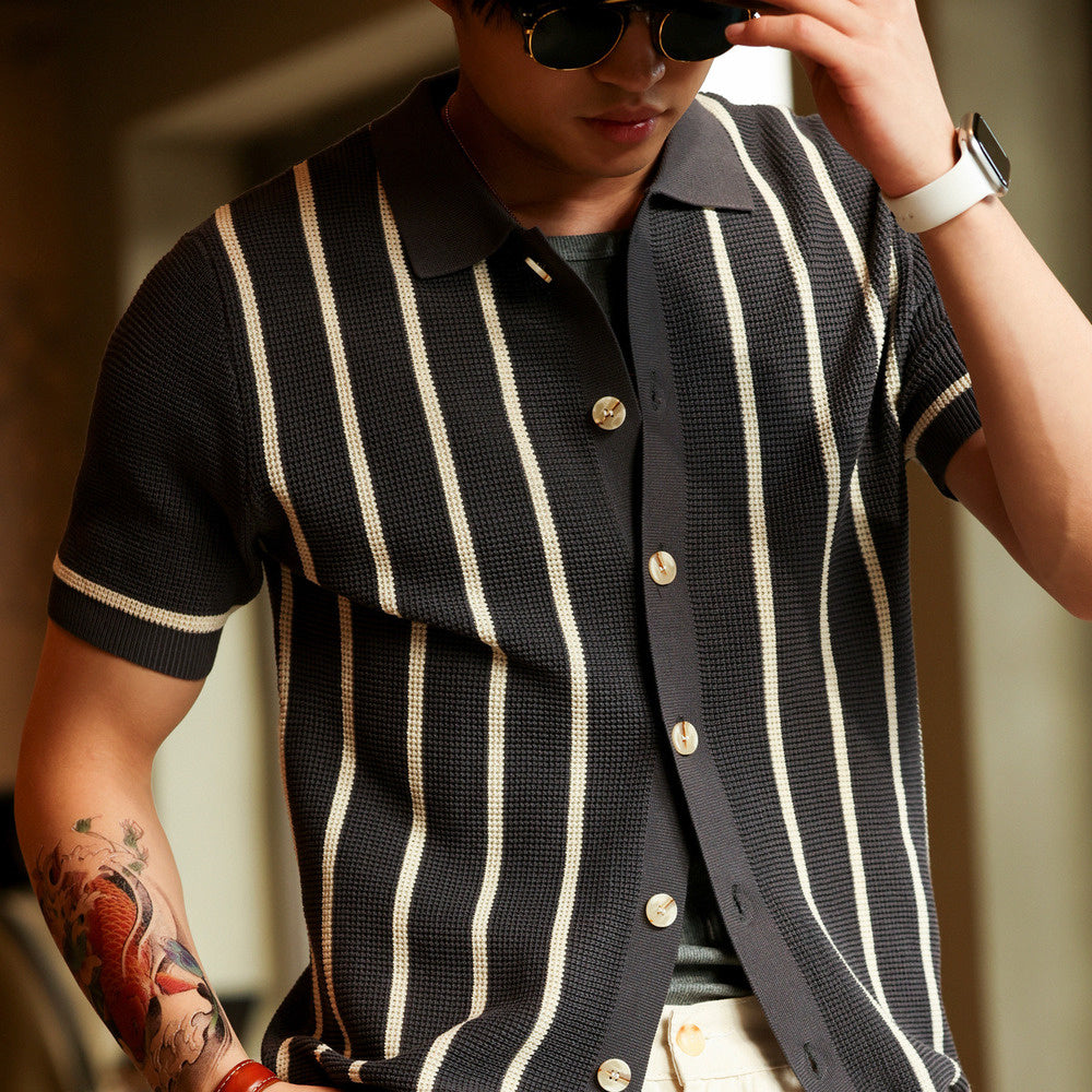 意式復古翻領條紋提花短袖針織衫男抗皺英倫開衫襯衣