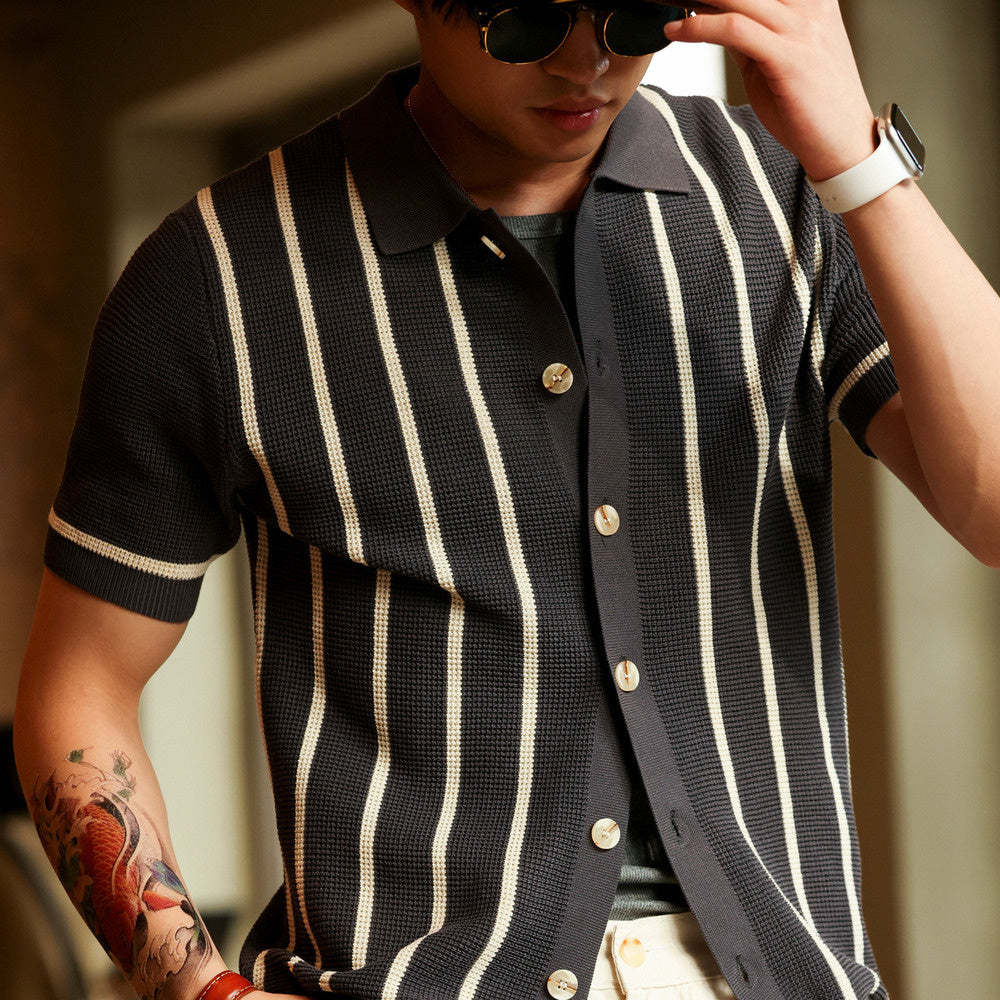 意式復古翻領條紋提花短袖針織衫男抗皺英倫開衫襯衣