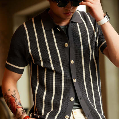 意式復古翻領條紋提花短袖針織衫男抗皺英倫開衫襯衣