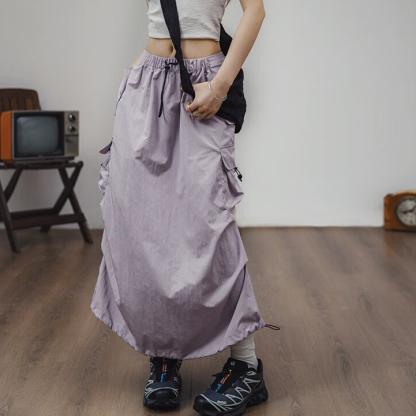 復古工裝a字裙多口袋綁帶抽褶裙子顯瘦中腰半身長裙女春