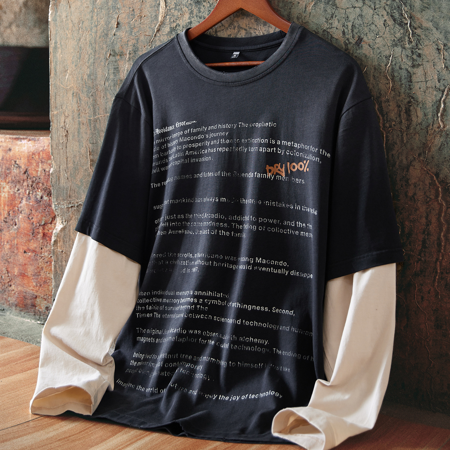 假兩件美式復古字母印花長袖t恤男2025秋季潮牌寬鬆純棉打底衫