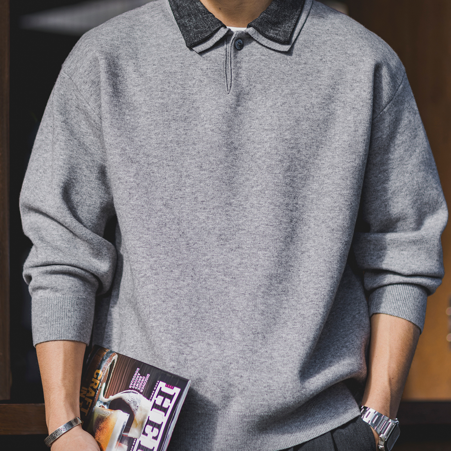 復古撞色拼接假兩件翻領毛衣男2025秋冬季新款寬鬆休閒通勤針織衫